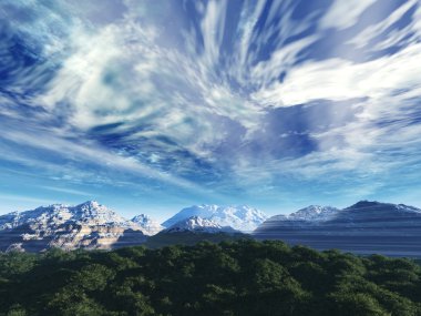 Storm sky above snow tops of mountains and tree clipart