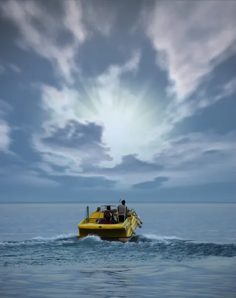 Човен в океані і захід сонця — стокове фото