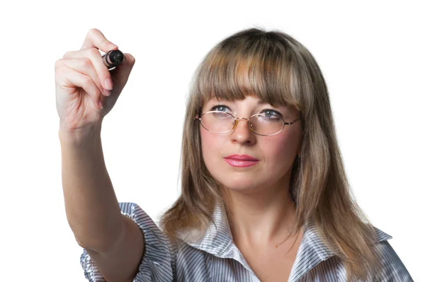 De zakelijke vrouw c viltstift in de hand. focus op viltstift — Stockfoto