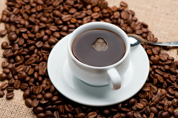 Taza de café en granos de café — Foto de Stock