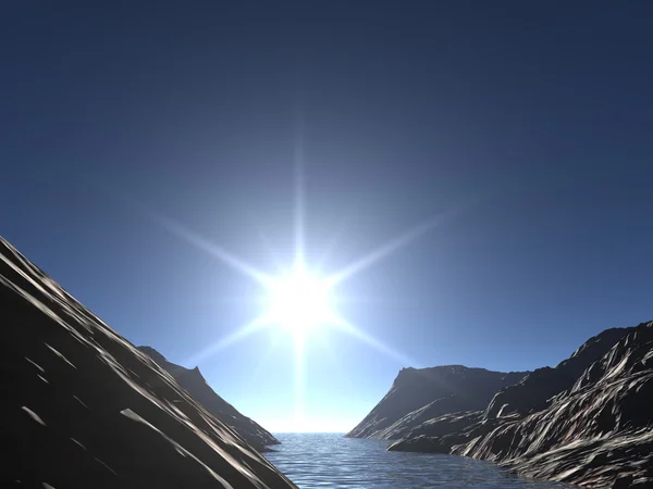 Річка в горах з дуже яскравим світанком — стокове фото