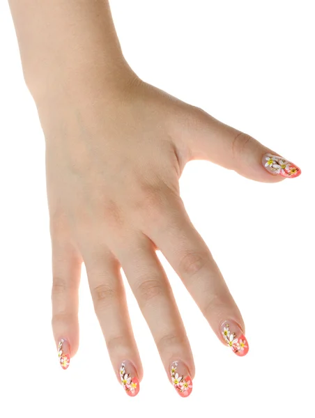 La mano femenina con el arte de las uñas - la figura de la manzanilla — Foto de Stock