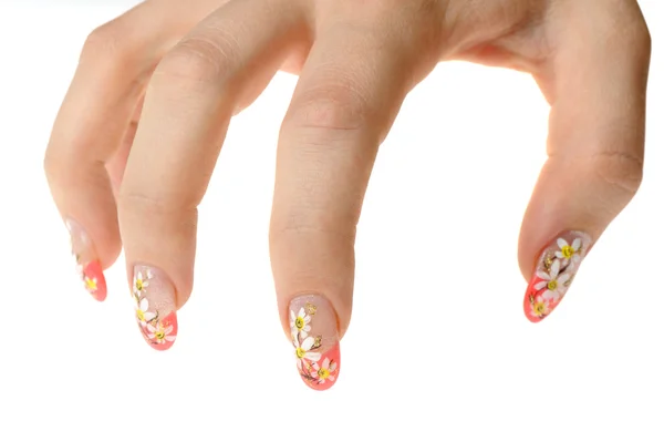 Female hand with nail art - figure a camomile — Stock Photo, Image