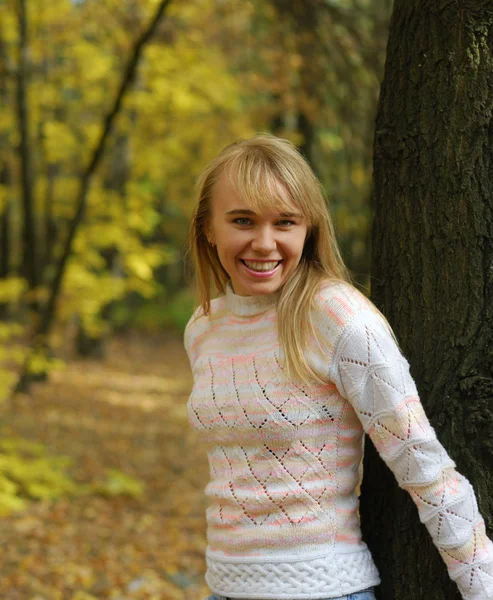 背景の秋の森の少女 — ストック写真