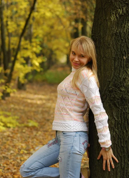 Flicka på en höst skog bakgrund — Stockfoto