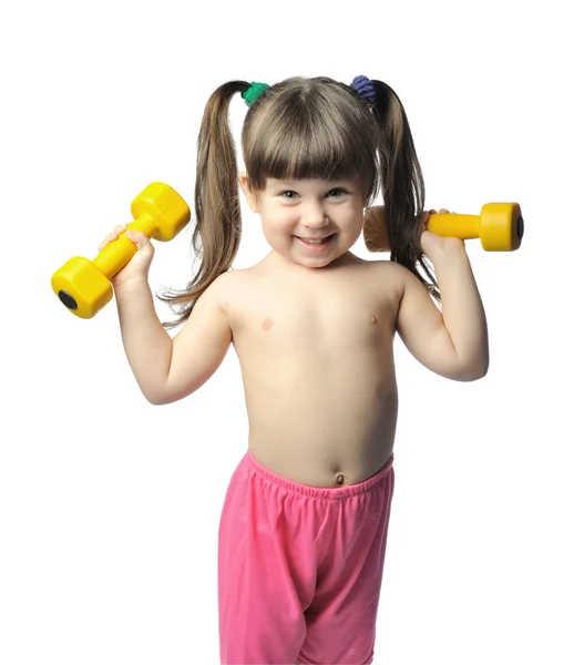 stock image Little girl with dumbbells