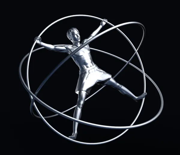 Homem em um simulador - um giroscópio em preto — Fotografia de Stock