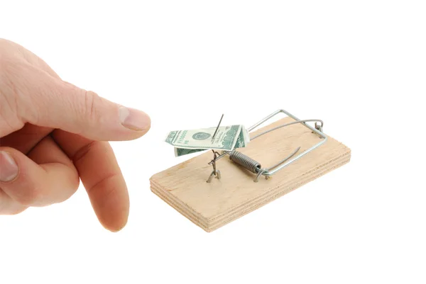 Mousetrap with dollar and finger — Stock Photo, Image