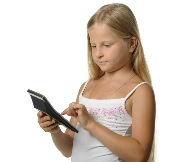 La fille de neuf ans la blonde avec la calculatrice — Photo