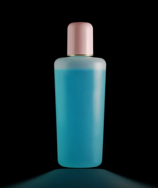 Flaskan med lotion på svart med eftertanke — Stockfoto