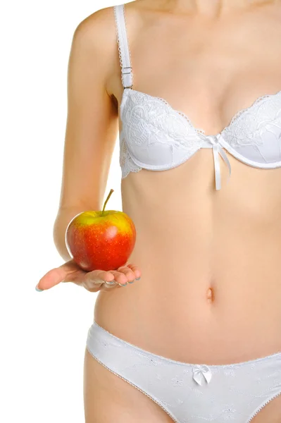 매끈한 여자는 육체와 빨간 사과 — 스톡 사진