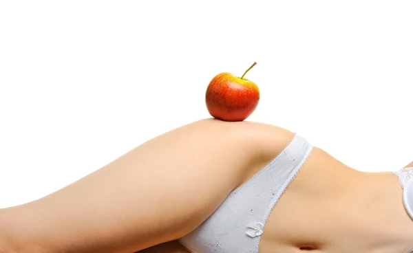 Θηλυκό εύμορφο ένα σώμα και ένα κόκκινο μήλο — Φωτογραφία Αρχείου