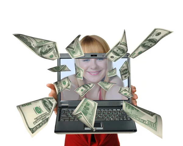 Die Frau mit dem Laptop in der Hand und fliegen Dollars raus — Stockfoto