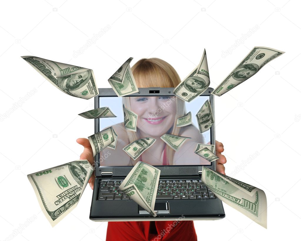 The woman with the laptop in hands and fly out dollars