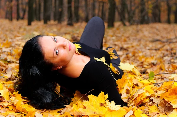 A mulher atraente na floresta de outono — Fotografia de Stock
