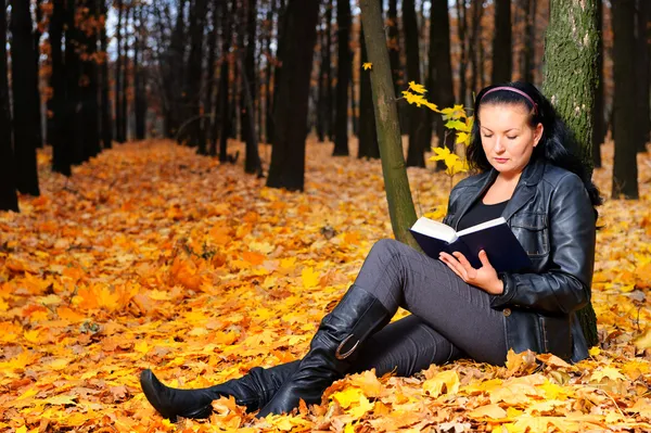 有吸引力的女人读的书在秋天的森林中 — 图库照片