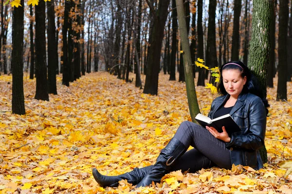 La atractiva mujer lee el libro en el bosque de otoño —  Fotos de Stock