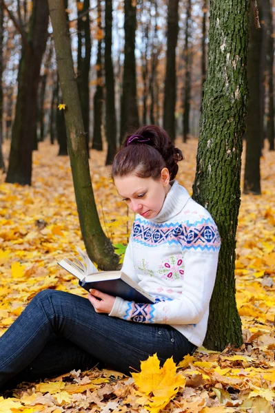 De aantrekkelijke vrouw leest het boek in de herfst bos — Stockfoto