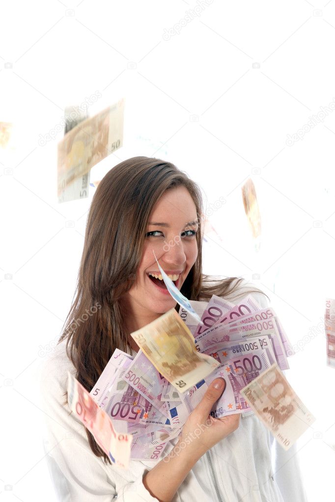 Young, smiling woman with flying bills - optional