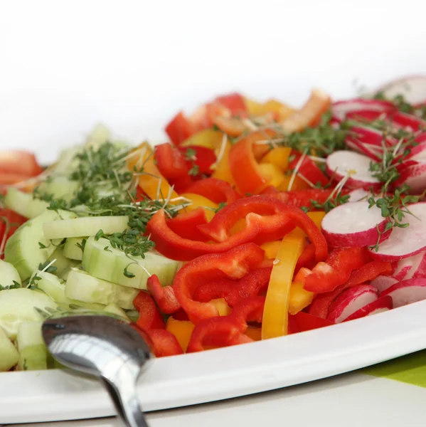 Salada deliciosa de pepinos, pimentas e rabanetes — Fotografia de Stock