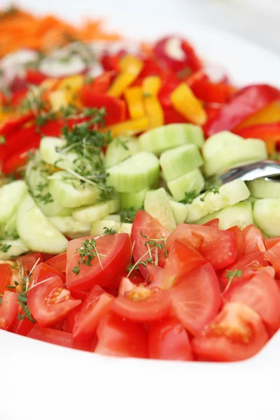Salade fraîche mélangée aux poivrons, laitue, tomates et carotte — Photo