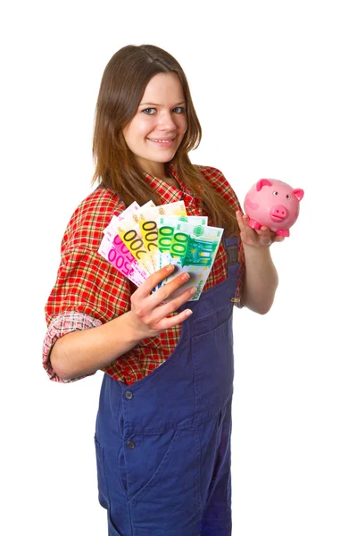 Craftswoman with euro banknotes — Stock Photo, Image