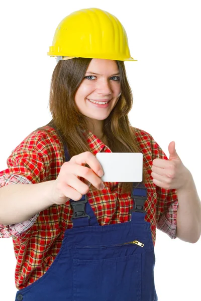 Young friendly craftswoman with businesscard — Stock Photo, Image