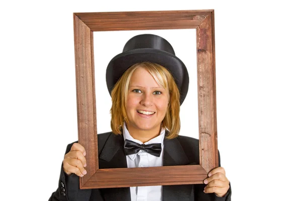 Woman with wooden frame — Stock Photo, Image