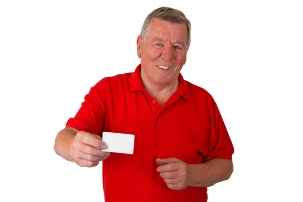 Male senior with business card — Stock Photo, Image
