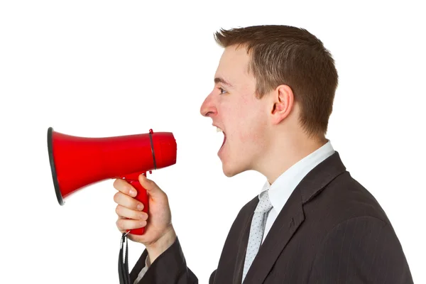 Uomo d'affari urla attraverso un megafono — Foto Stock