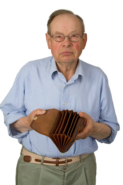 Mannelijke senior met lege portemonnee — Stockfoto
