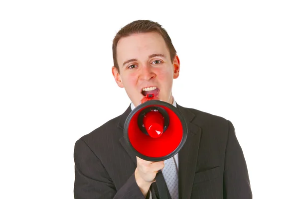 Empresário gritando através de um megafone — Fotografia de Stock