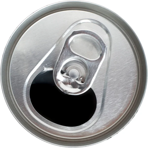 Vista superior de uma lata de refrigerante de prata aberta Pop — Fotografia de Stock