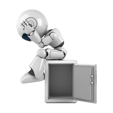 Funny robot sit on broken safe clipart