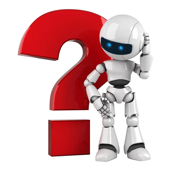 Robô engraçado ficar com ícone de pergunta vermelha — Fotografia de Stock