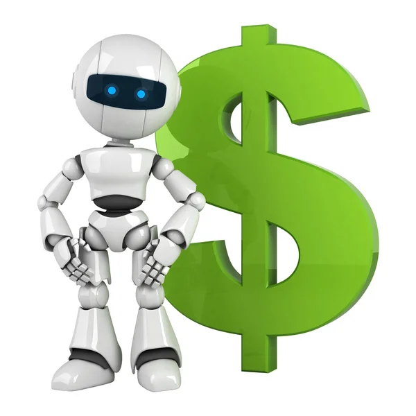 Funny robot stay with green dollar sign — Stockfoto