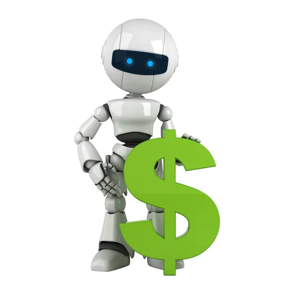 Robô engraçado ficar com sinal de dólar verde — Fotografia de Stock