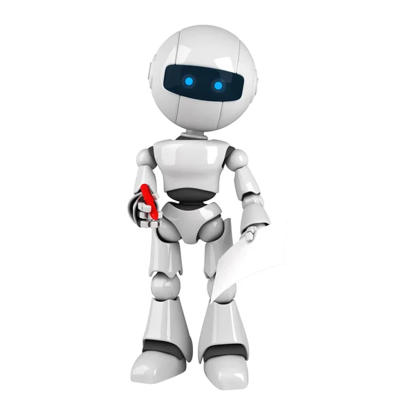 Funny robot stay with pen and blank document — Stock Photo, Image
