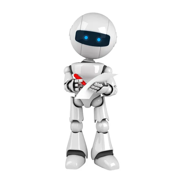 Lustiger Roboteraufenthalt mit Stift und Blankodokument — Stockfoto