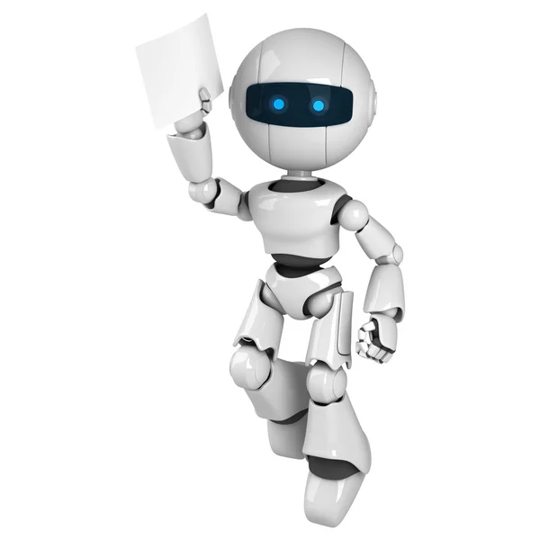 Lustiger Roboter springt und zeigt leeres Dokument — Stockfoto