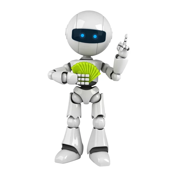 Funny white robot stay and show money — Stock Photo, Image