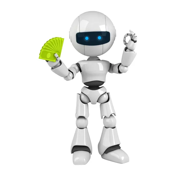 Funny white robot stay with money — Stock Photo, Image