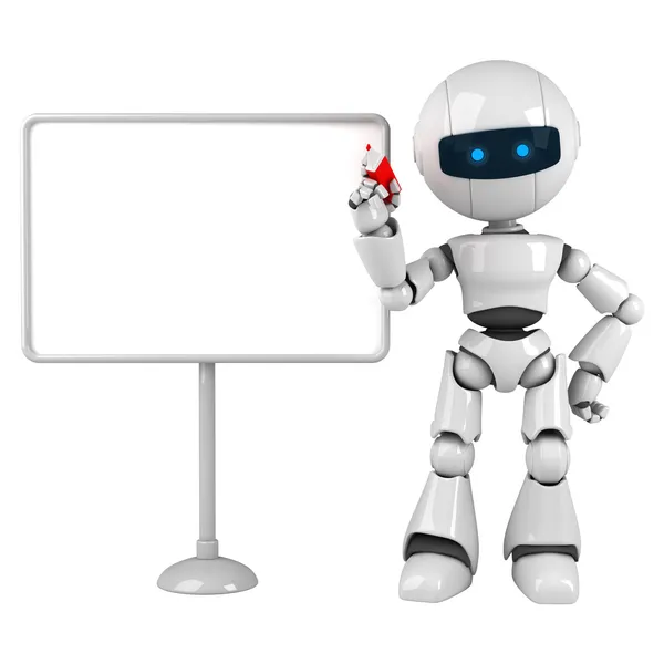 Funny robot stay with blank board and marker — Stock Photo, Image