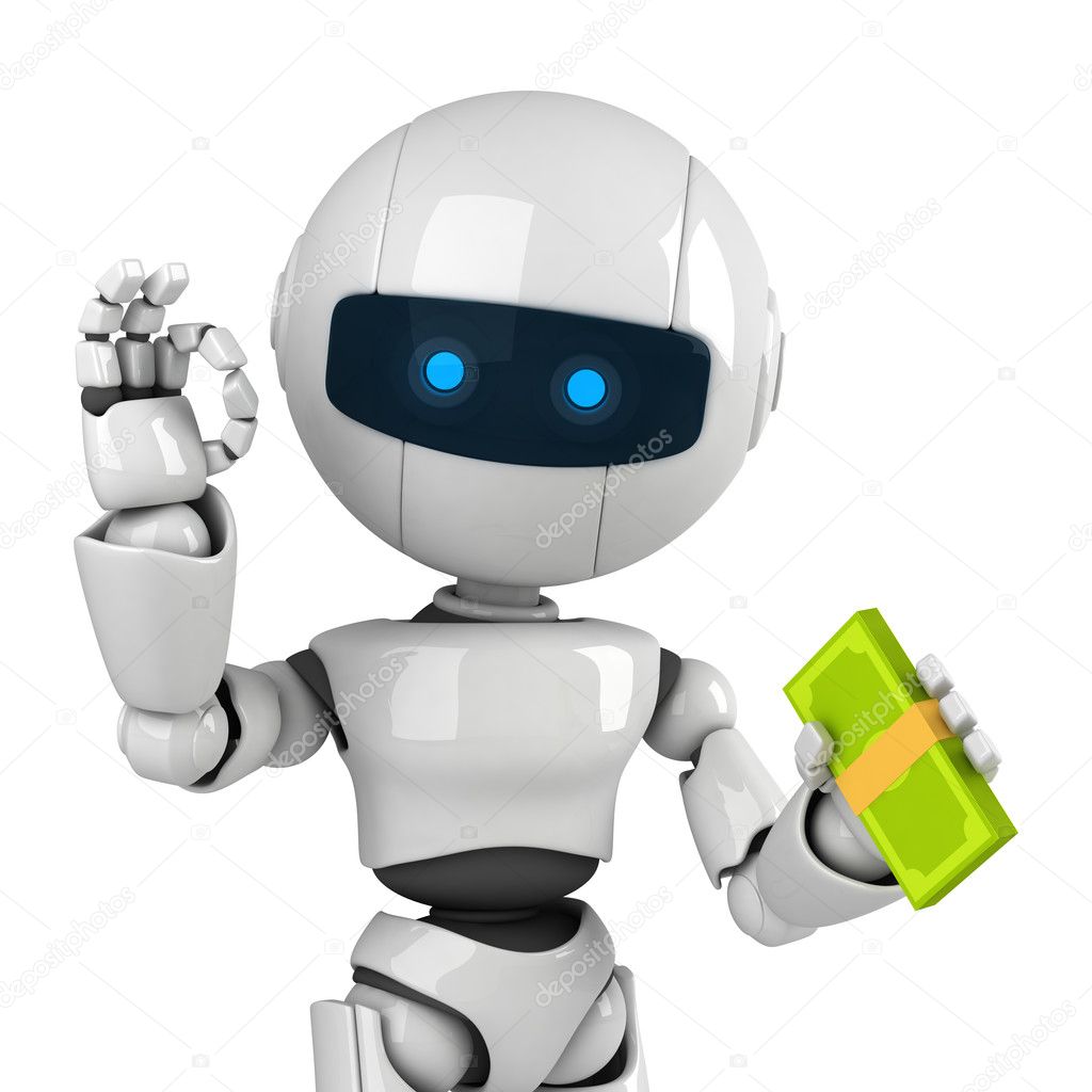 Funny robot stay with money and show ok