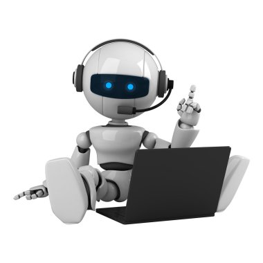 Funny robot sit on headphones and notebook clipart