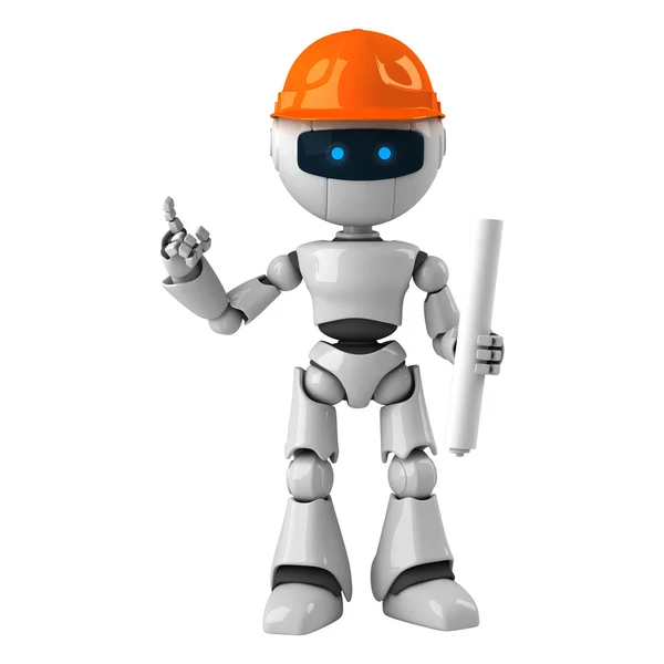 Funny robot with blueprint on hard hat — Stock Photo, Image