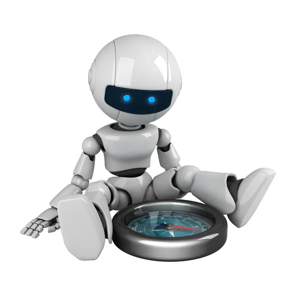 Lustiger Roboter sitzt mit Kompass — Stockfoto