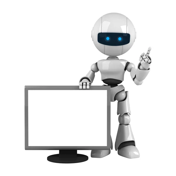 Funny robot stay with computer — Stock Fotó