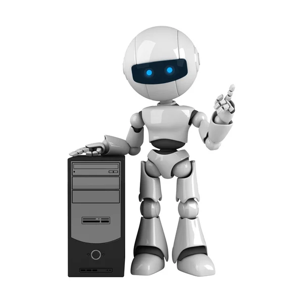 Robô engraçado ficar com computador — Fotografia de Stock