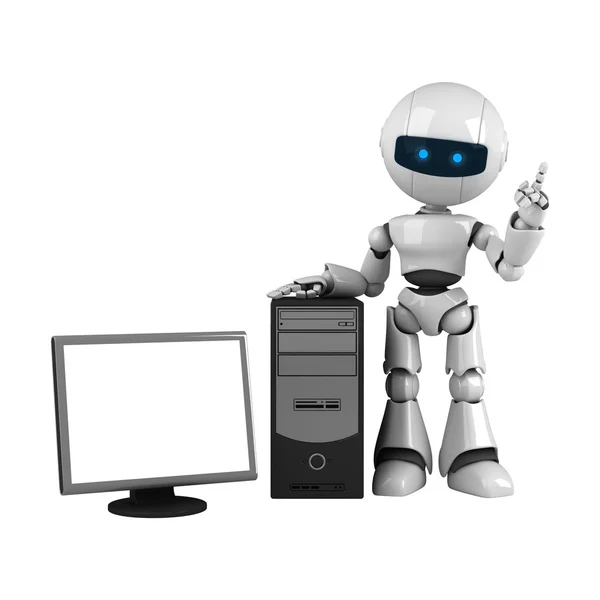 Funny robot stay with computer — Stock Photo, Image